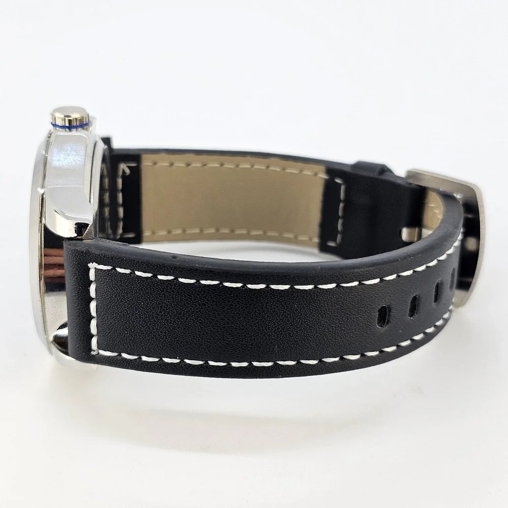 44MM Men's Minimalist Watch Black Dial Black Faux Leather Bands New Battery